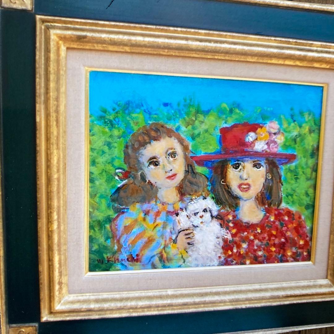 絵画　油絵　油彩画　菊地正則　F3号　「仲良し二人」美品　額付き　サイン　アート