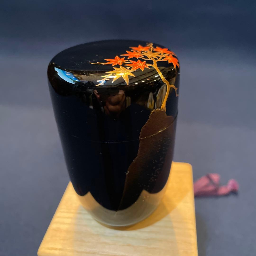 【竹内 幸斎】(造)『紅葉蒔絵の細棗』共箱　※美品 茶道具「棗」