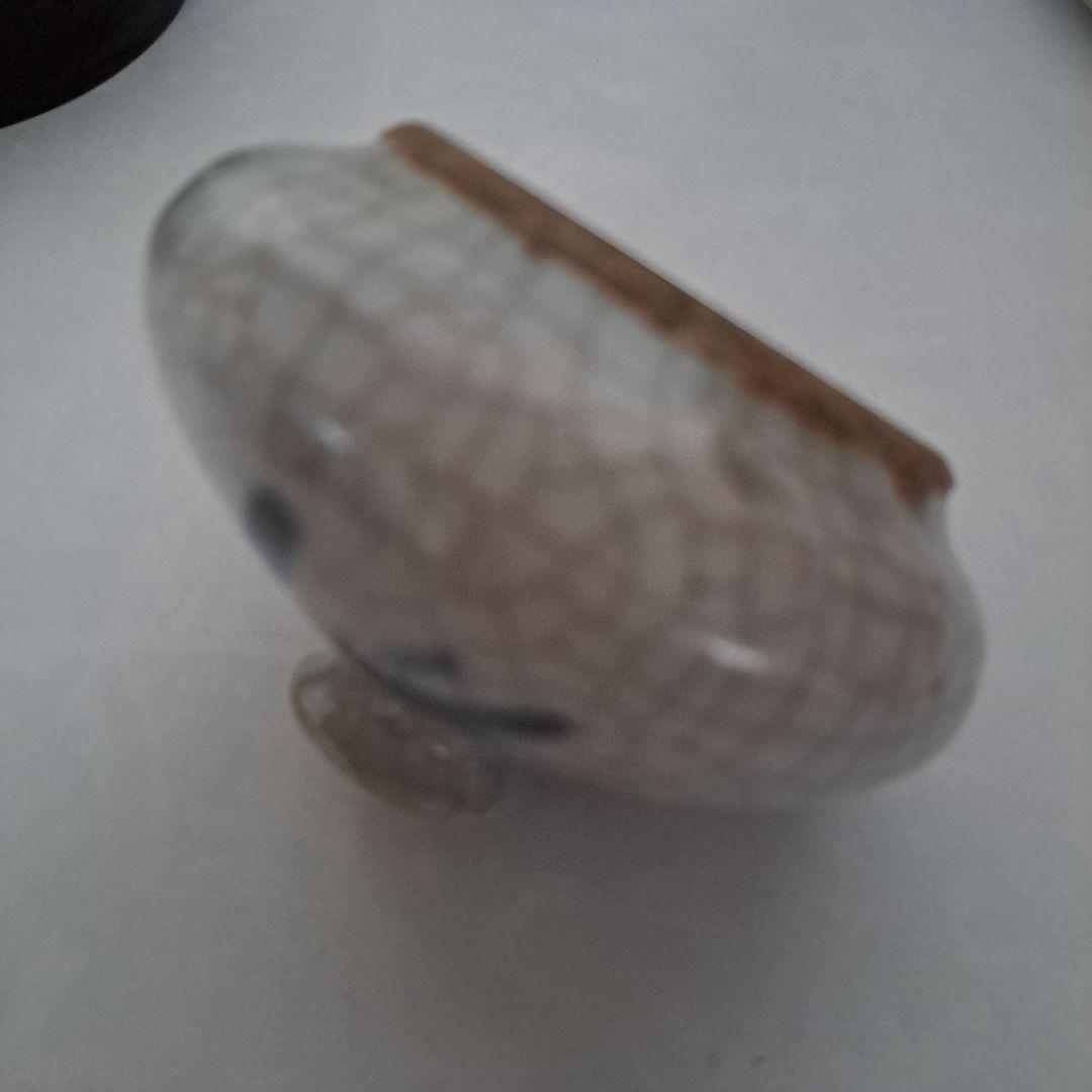 Kan　　江戸中　初期伊万里　　極上油壺　貫入　　縁広型　鯉、トンボ文