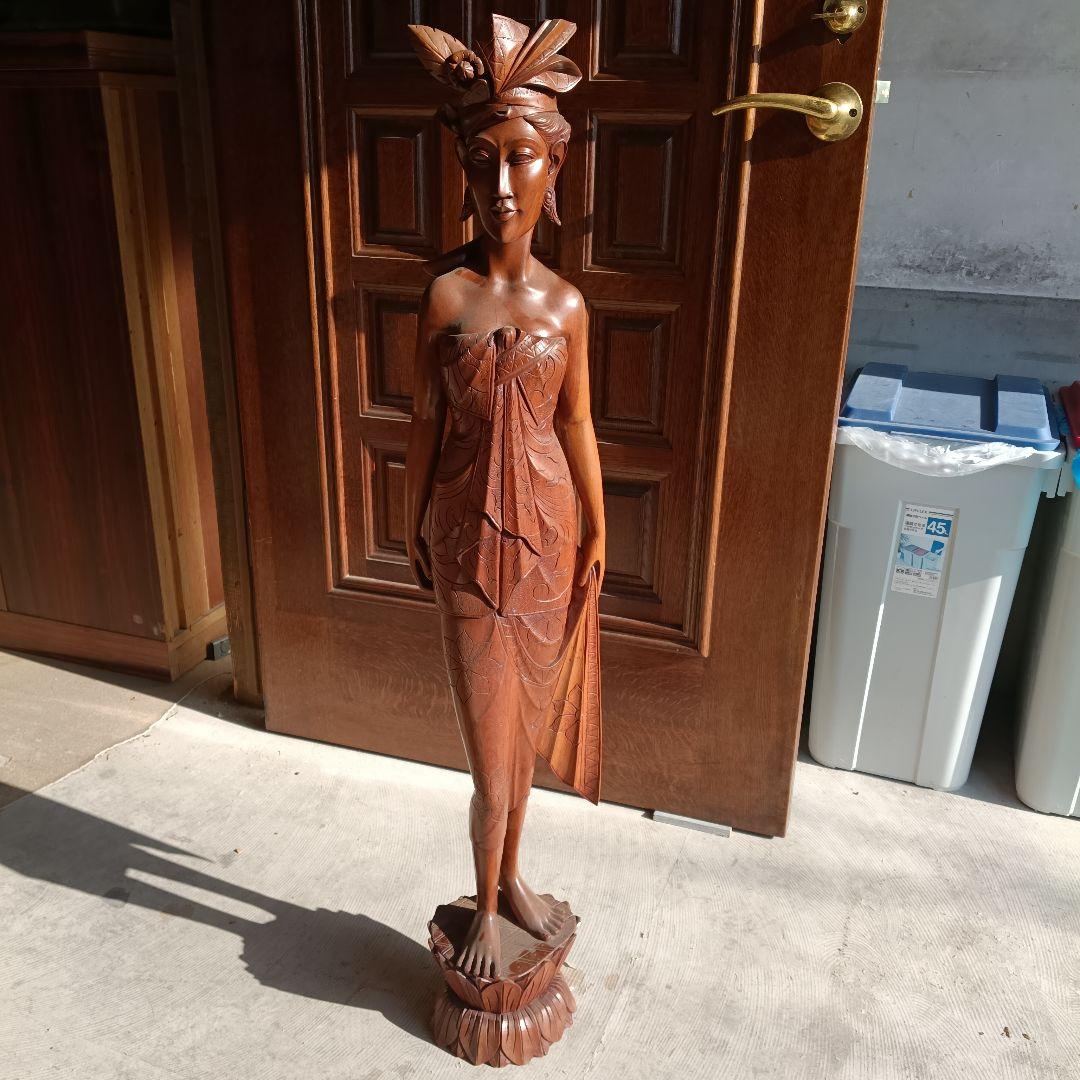 木製女性像彫刻 バリ 手彫り 1m