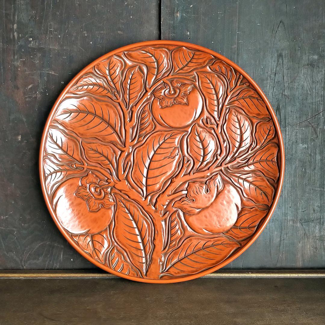 鎌倉彫　博古堂　大型　11寸　35.5㎝　柿モチーフ　丸皿・丸盆