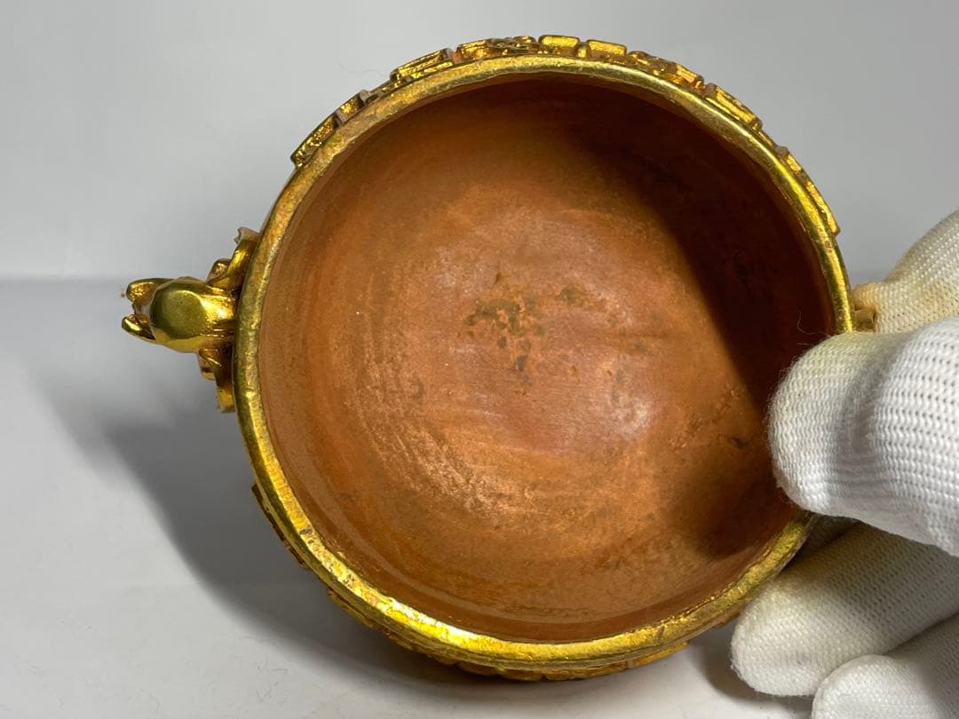 中国古美術　大明宣徳年製　象耳塗金香炉　中国骨董品　旧家蔵品　重さ548g