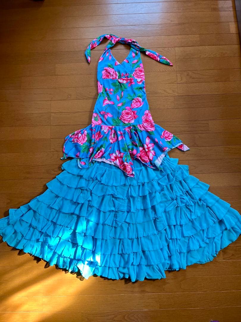 フラメンコドレス 青・ピンク花柄