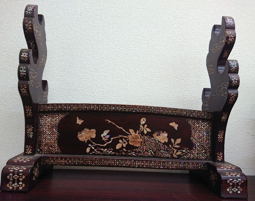 H1 螺鈿細工 両面 三段 刀掛 木製 武具 美術品 刀装具 伝統工芸品 古美術