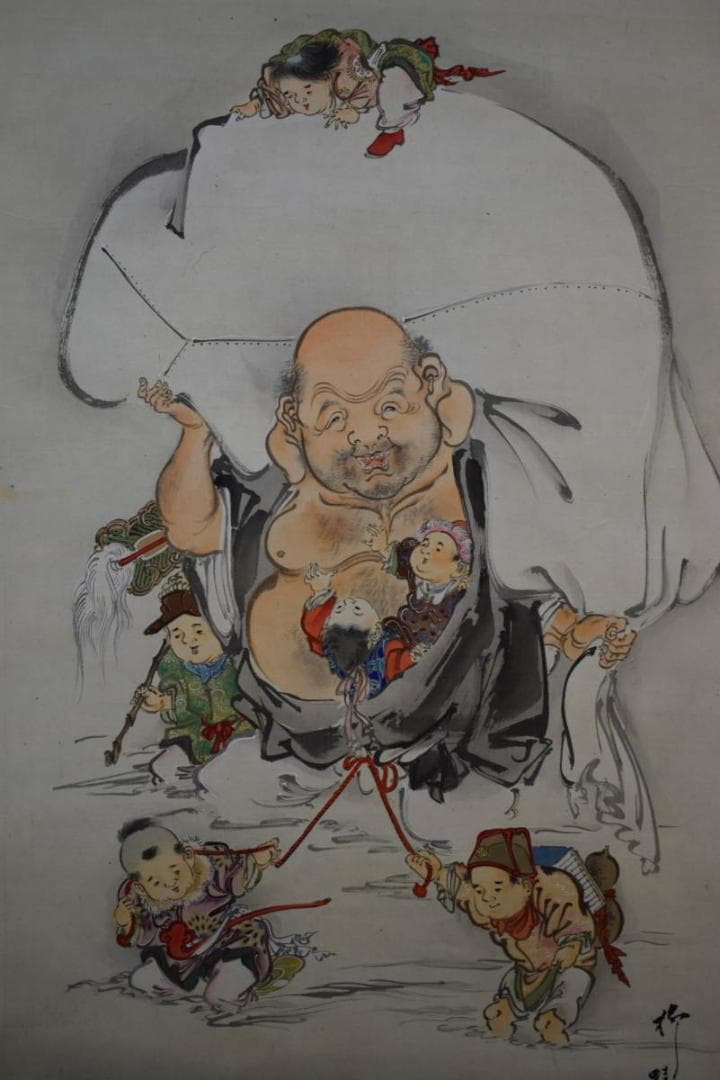 真作/五代目/歌川国政/竹内柳蛙/唐子布袋図/布袋屋掛軸HE-929