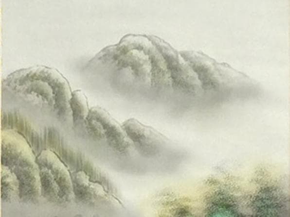 掛軸 小林雄山『彩色山水図』日本画 絹本 肉筆 共箱付 掛け軸 a033112