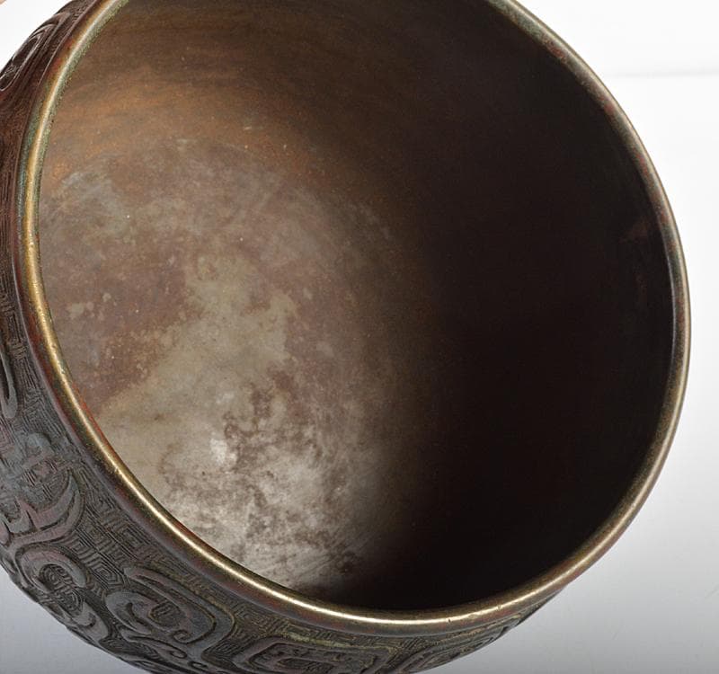 中国　古銅宣徳銅　斑紫銅饕餮文　建水　茶こぼし　時代箱　D　R4620