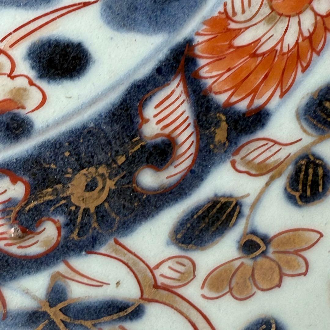 元禄伊万里　色絵花鳥図七寸皿　建築物　金蘭手　赤絵　裏椿文　状態◎　蒐集家旧蔵品