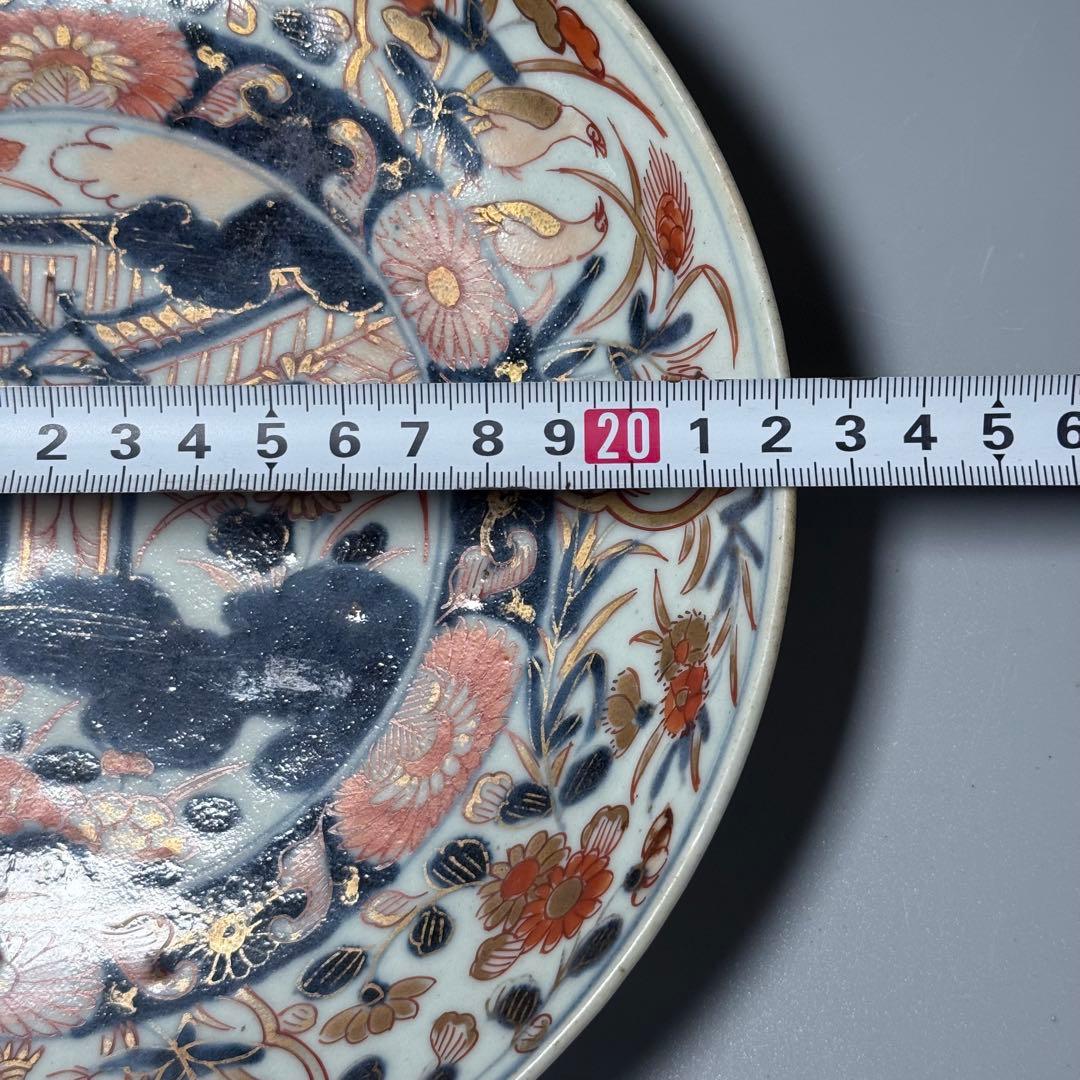 元禄伊万里　色絵花鳥図七寸皿　建築物　金蘭手　赤絵　裏椿文　状態◎　蒐集家旧蔵品