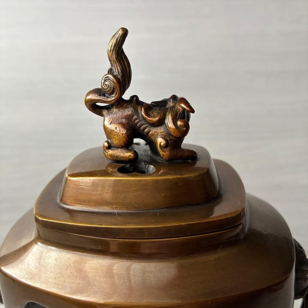 香炉　青銅製　獅子　孔雀　三足　高岡銅器　瑞峰作　茶道具　香道具　お香付き