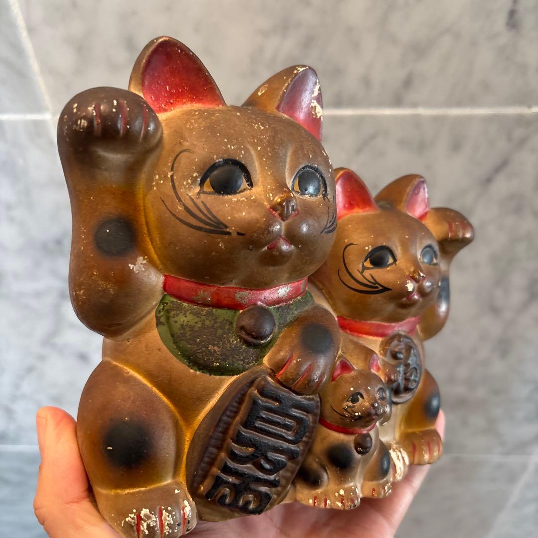 アンティーク雰囲気抜群の良き人、お金を呼び込む親子招き猫