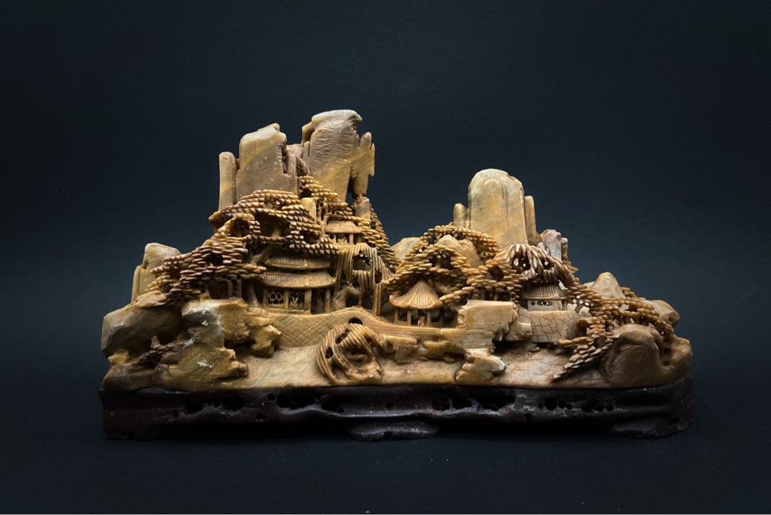 中国美術 壽山石彫 楼閣山水彫 細密彫刻 オブジェ 鑑賞石