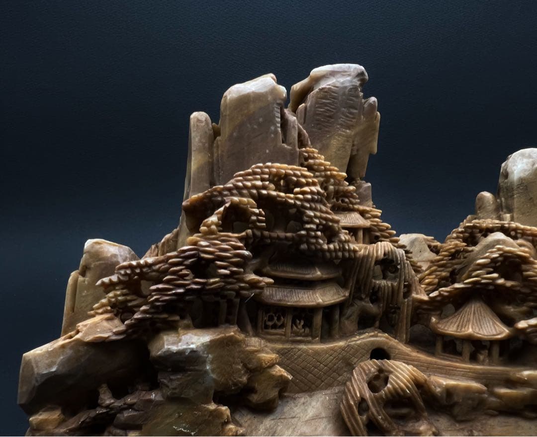 中国美術 壽山石彫 楼閣山水彫 細密彫刻 オブジェ 鑑賞石