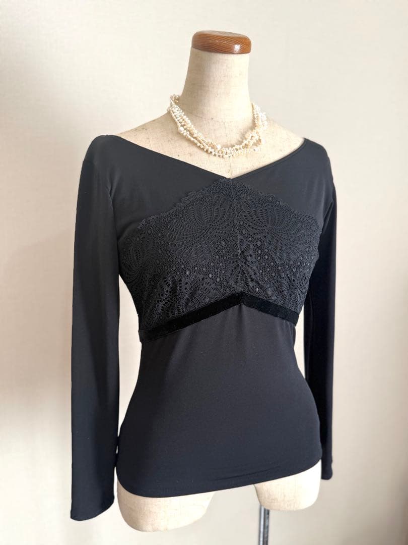 美品　Chacott チャコット　トップス　ベロアリボン　レース　黒