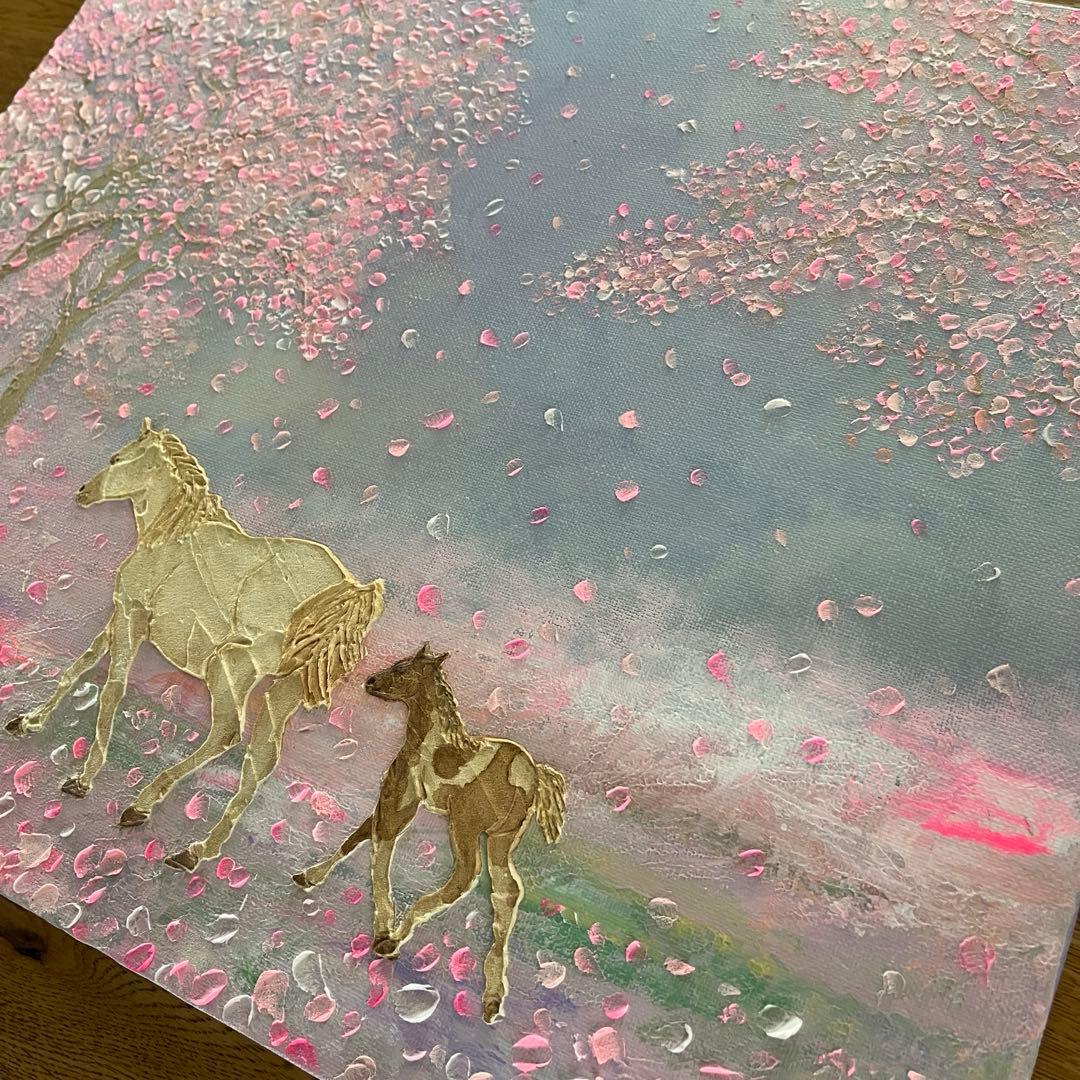 馬　馬の絵 桜 花の絵 テクスチャーアート さくら