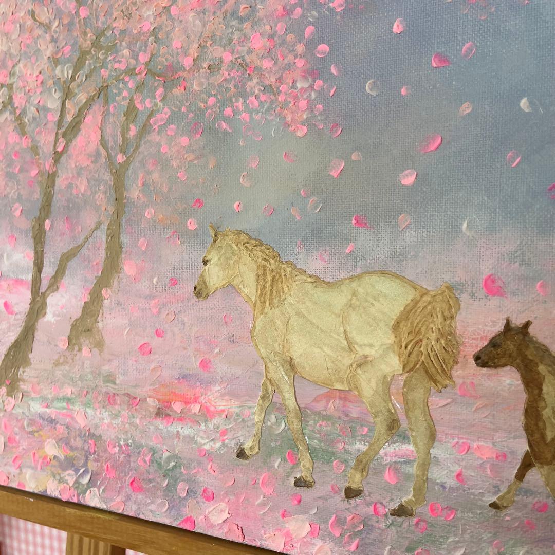 馬　馬の絵 桜 花の絵 テクスチャーアート さくら