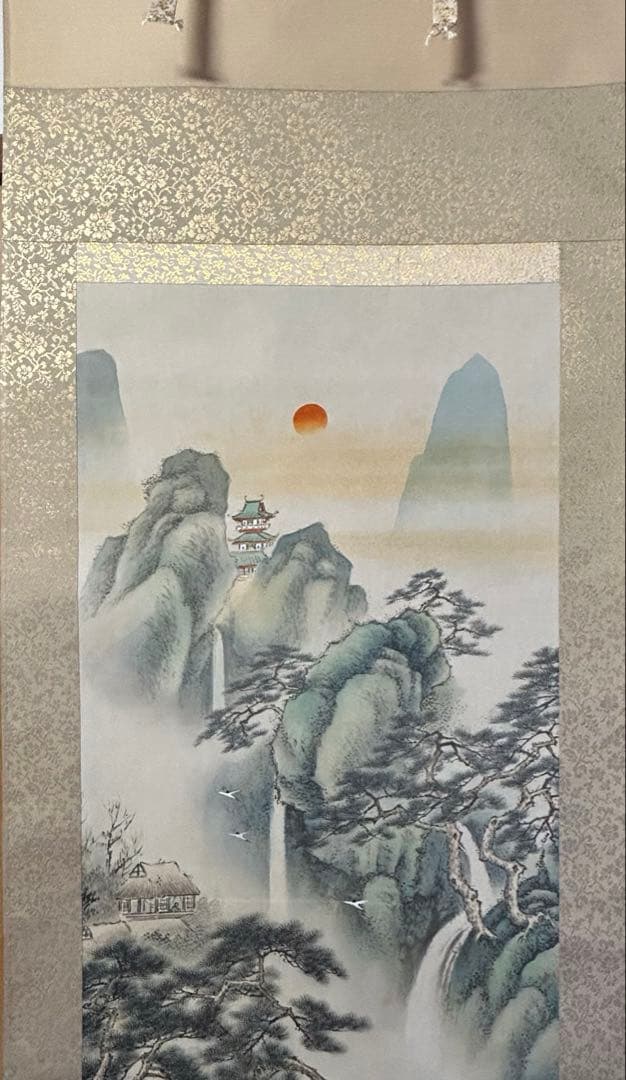 幸堂在銘 山水画 蓬莱山　掛軸 絹本 美術品