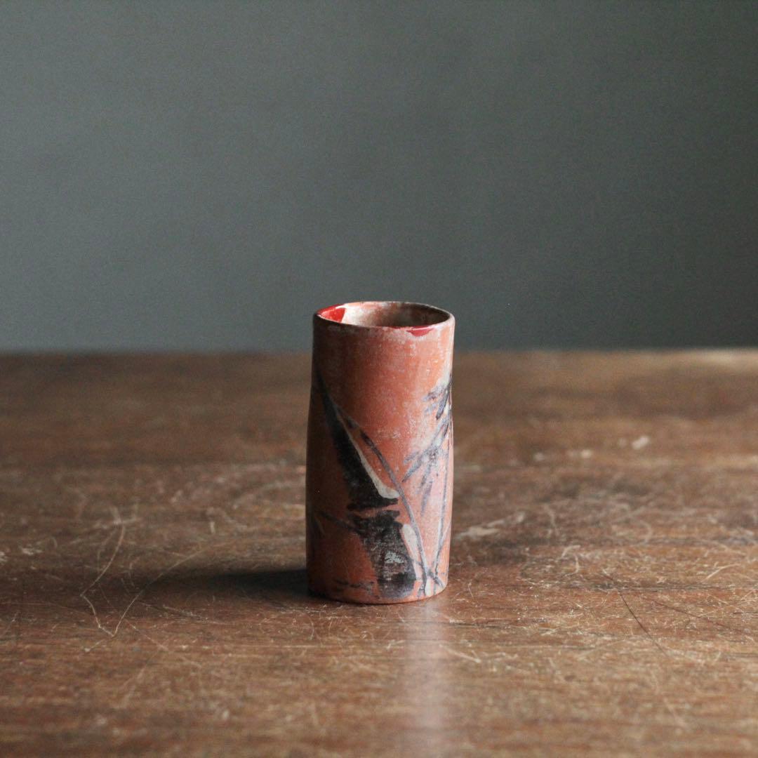 京焼 赤楽 筒盃 ぐい呑み 酒器 竹 筒向付 古美術 古道具 アンティーク