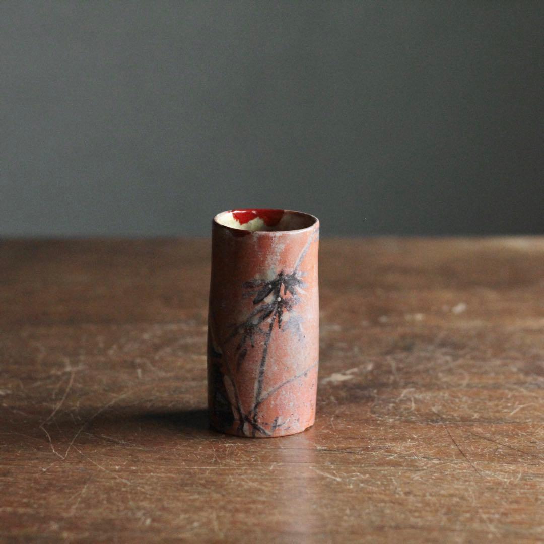 京焼 赤楽 筒盃 ぐい呑み 酒器 竹 筒向付 古美術 古道具 アンティーク