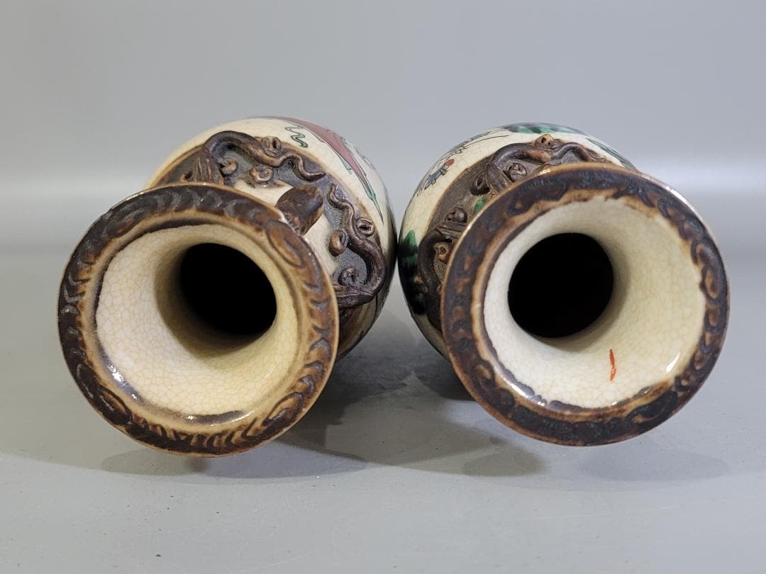 中国 色絵 人物 瓶 一対 台