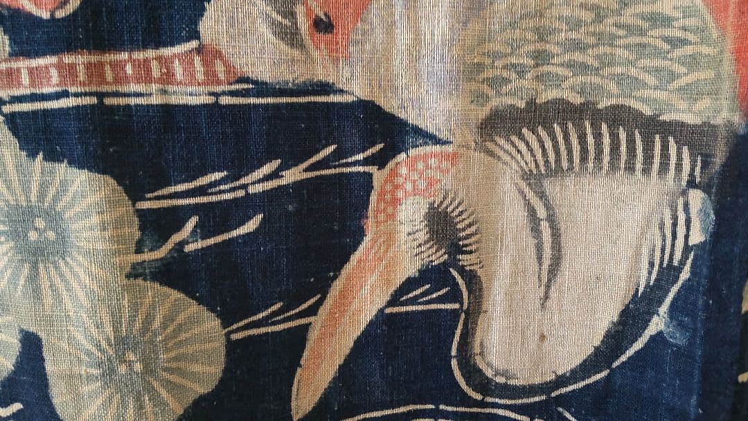 古布 万祝 まいわい アンティーク 筒がき 骨董 鶴 亀 襤褸 型染 大漁 希少