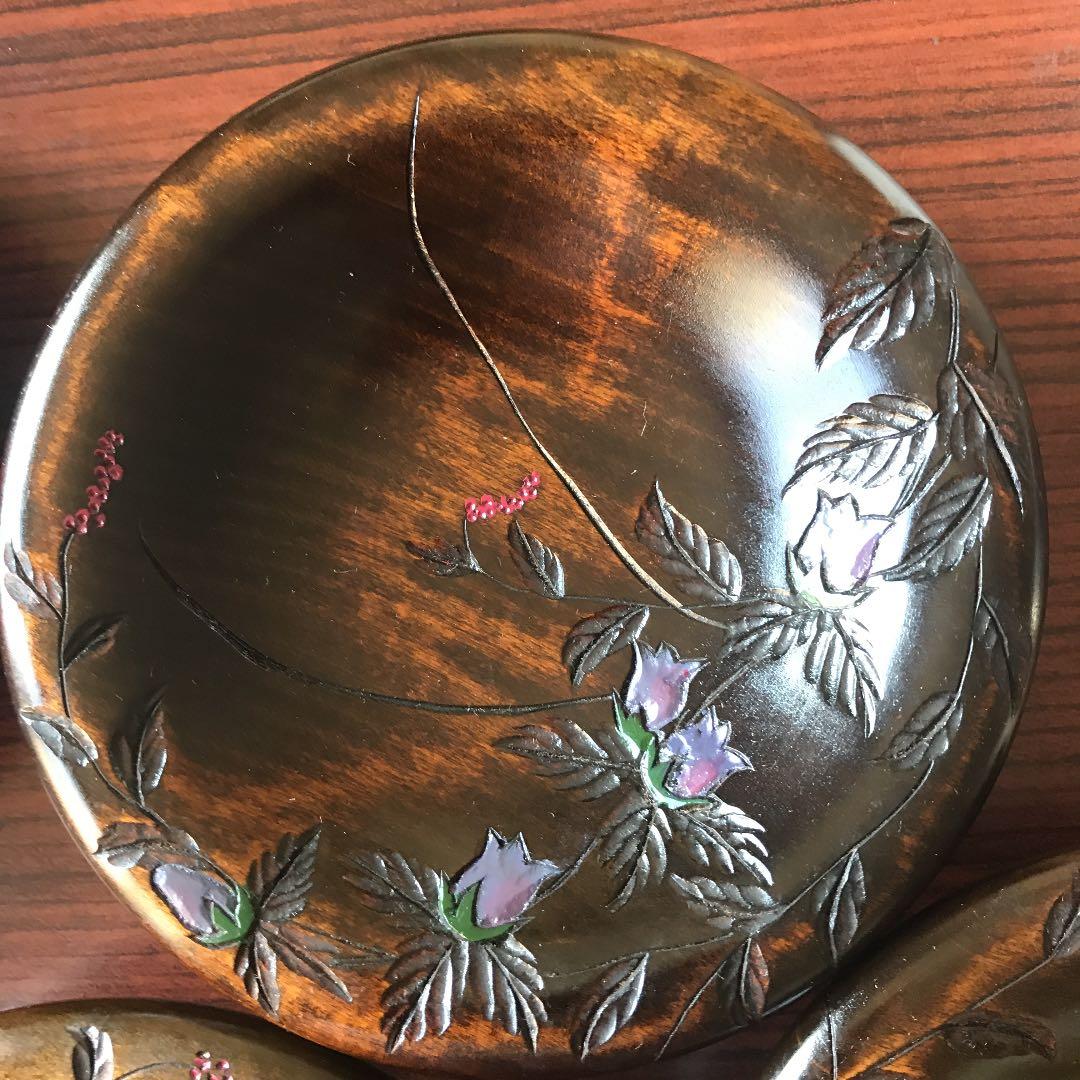 川添日記 にっき おたふく皿 漆器 5枚組 草木彫 未使用 お茶席 インテリア