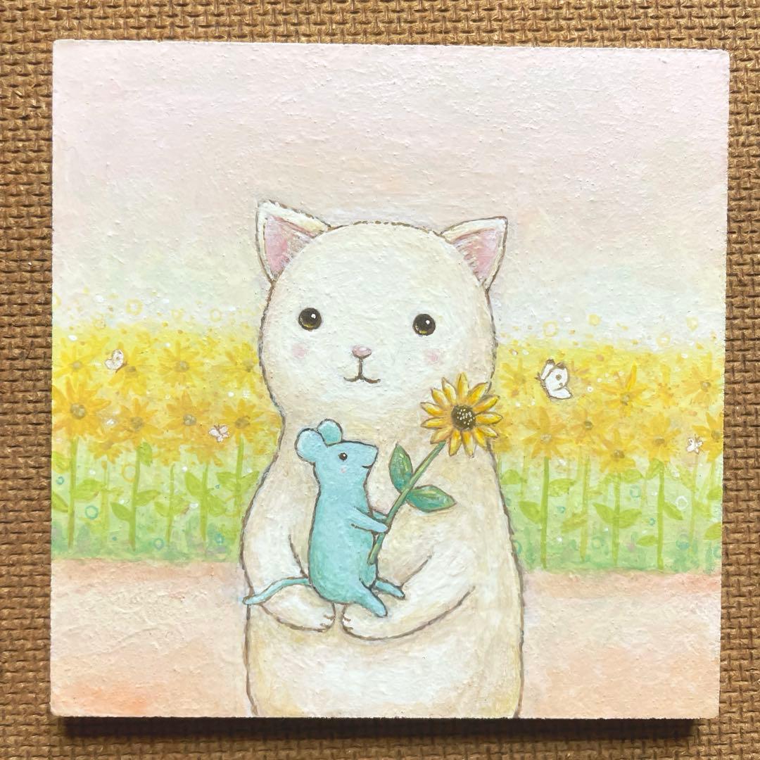 けいページ　お取り置き中　自作絵画　お気に入りの一輪　猫とネズミの絵