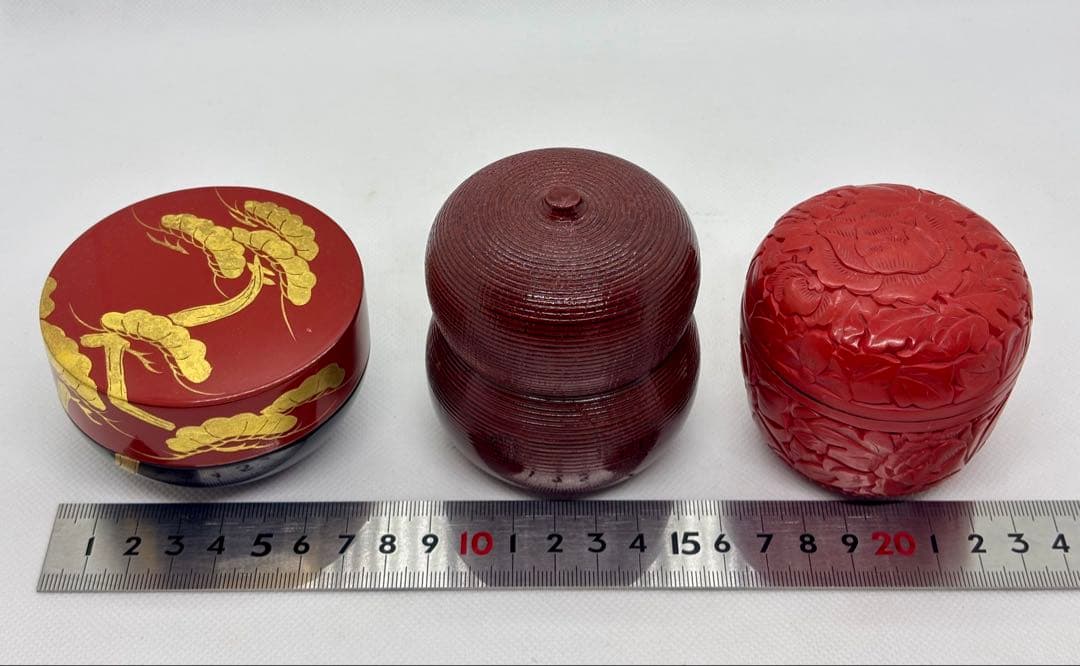 #朱漆蒔絵・糸目千筋瓢箪形・堆朱 牡丹 茶道具　棗3点セット　P-21