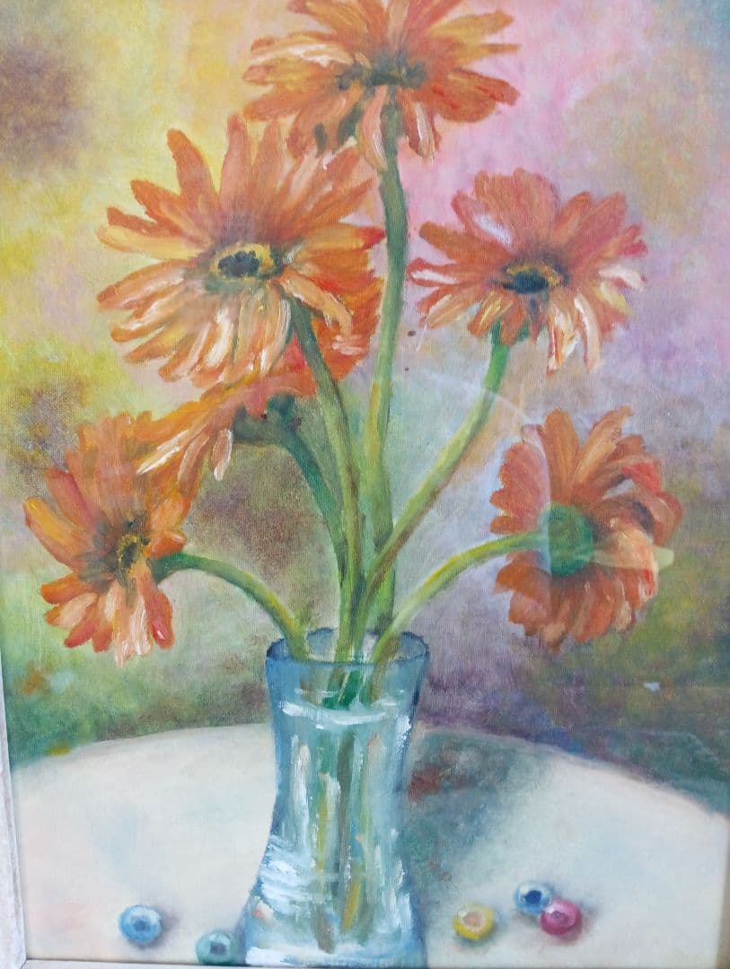 現代美術手描き油彩油絵額装縦５５Ｘ横４５Ｘ厚さ７センチ枠Ｆ６キャンバス品