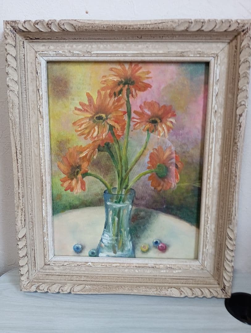 現代美術手描き油彩油絵額装縦５５Ｘ横４５Ｘ厚さ７センチ枠Ｆ６キャンバス品