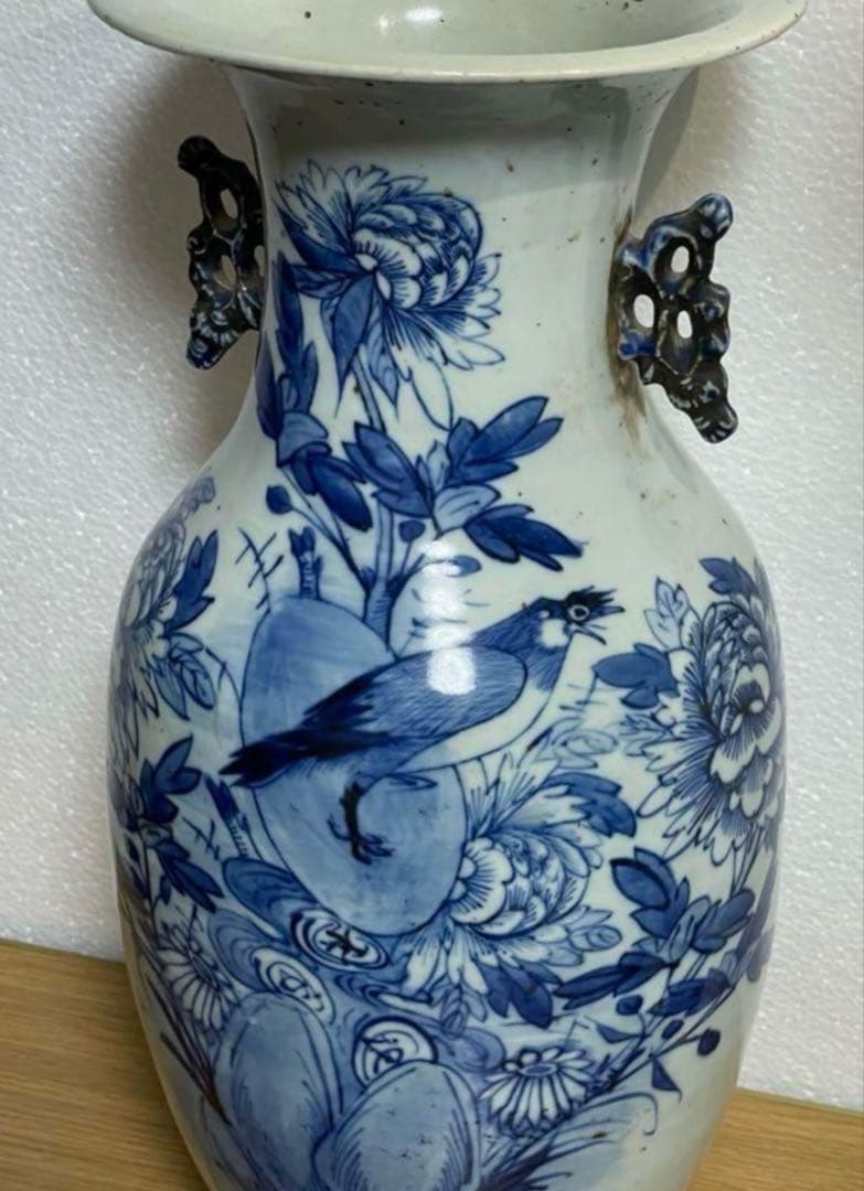 清時代 青花花鳥紋双耳瓶 中国骨董品。