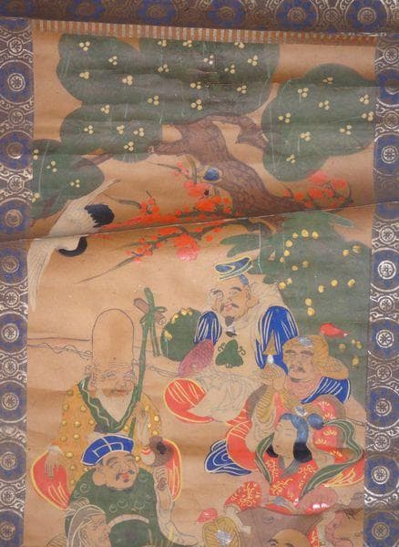 稀少 アンティーク 神社 七福神 毘沙門天 弁財天 大黒天 紙本 肉筆 掛軸