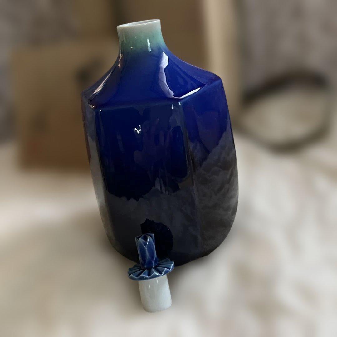 九谷　三代徳田八十吉　蓋付面取花入　青色陶器 蓋付き瓶 木箱付き