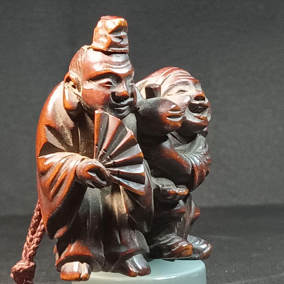 柘植彫 江戸時代 根付 「恵比寿大黒の図」 縁起物