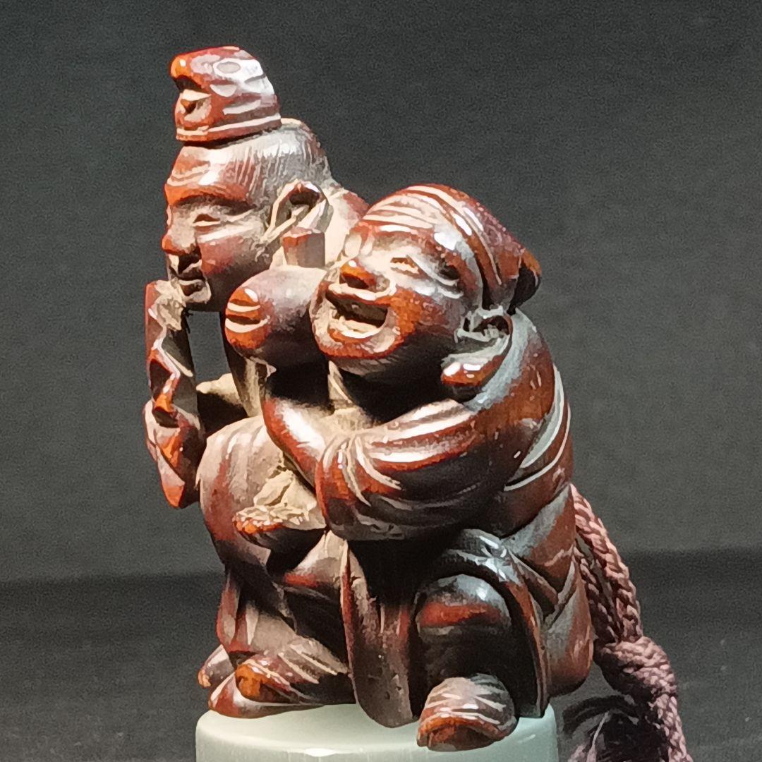 柘植彫 江戸時代 根付 「恵比寿大黒の図」 縁起物