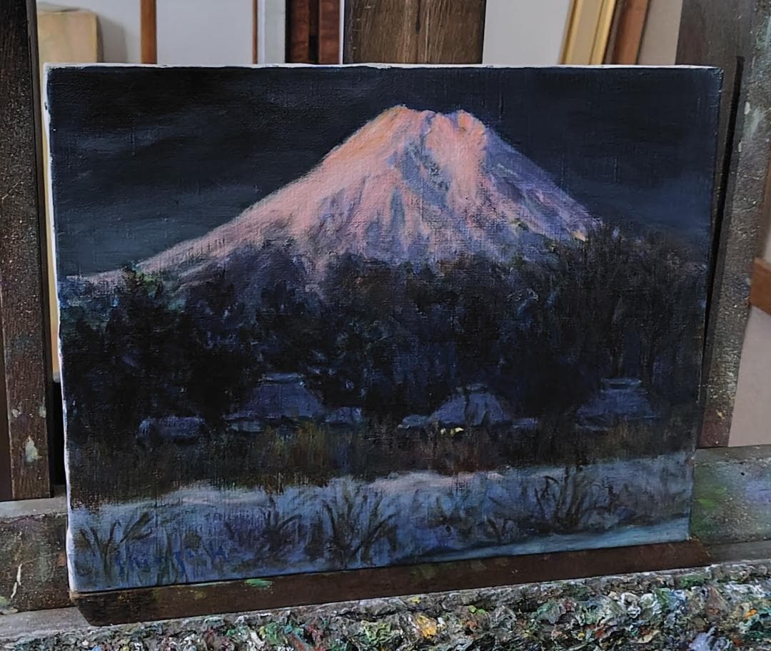 「明ける忍野村」1976 F6 絵画 油絵 油彩画 風景画 富士山