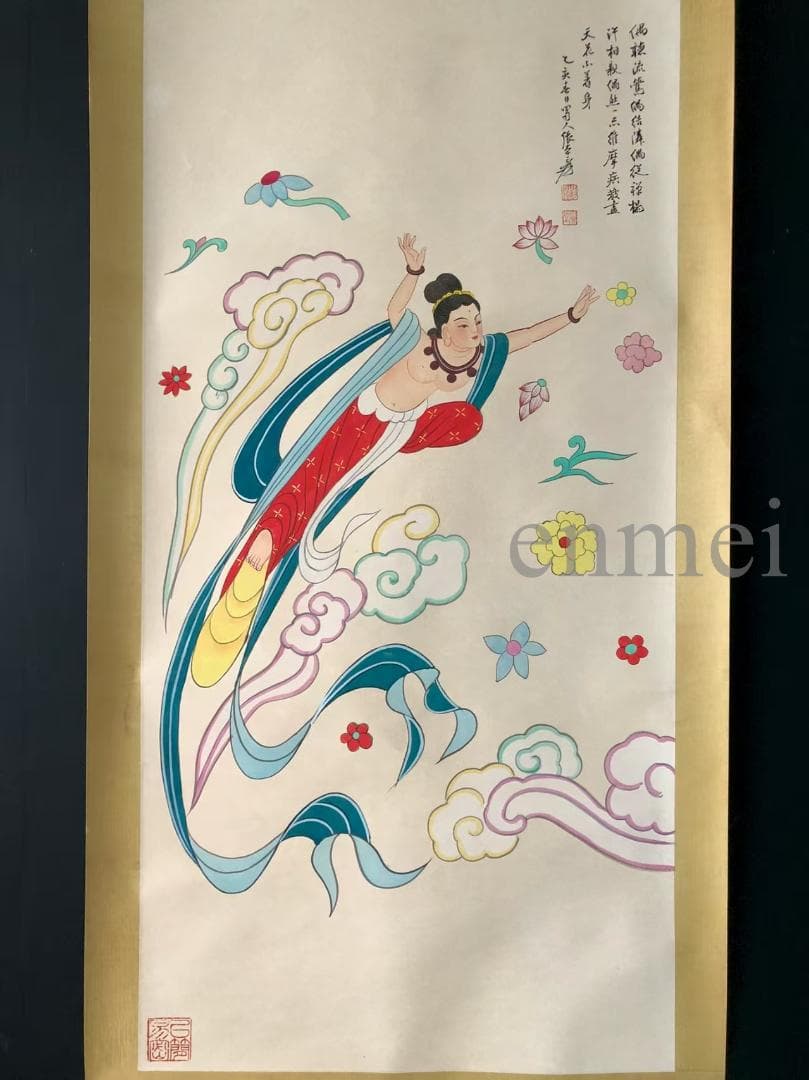 中国古美術・張大千款・飛天人物画・掛軸・純手描き・文房置物・水墨画・書道品・絹本