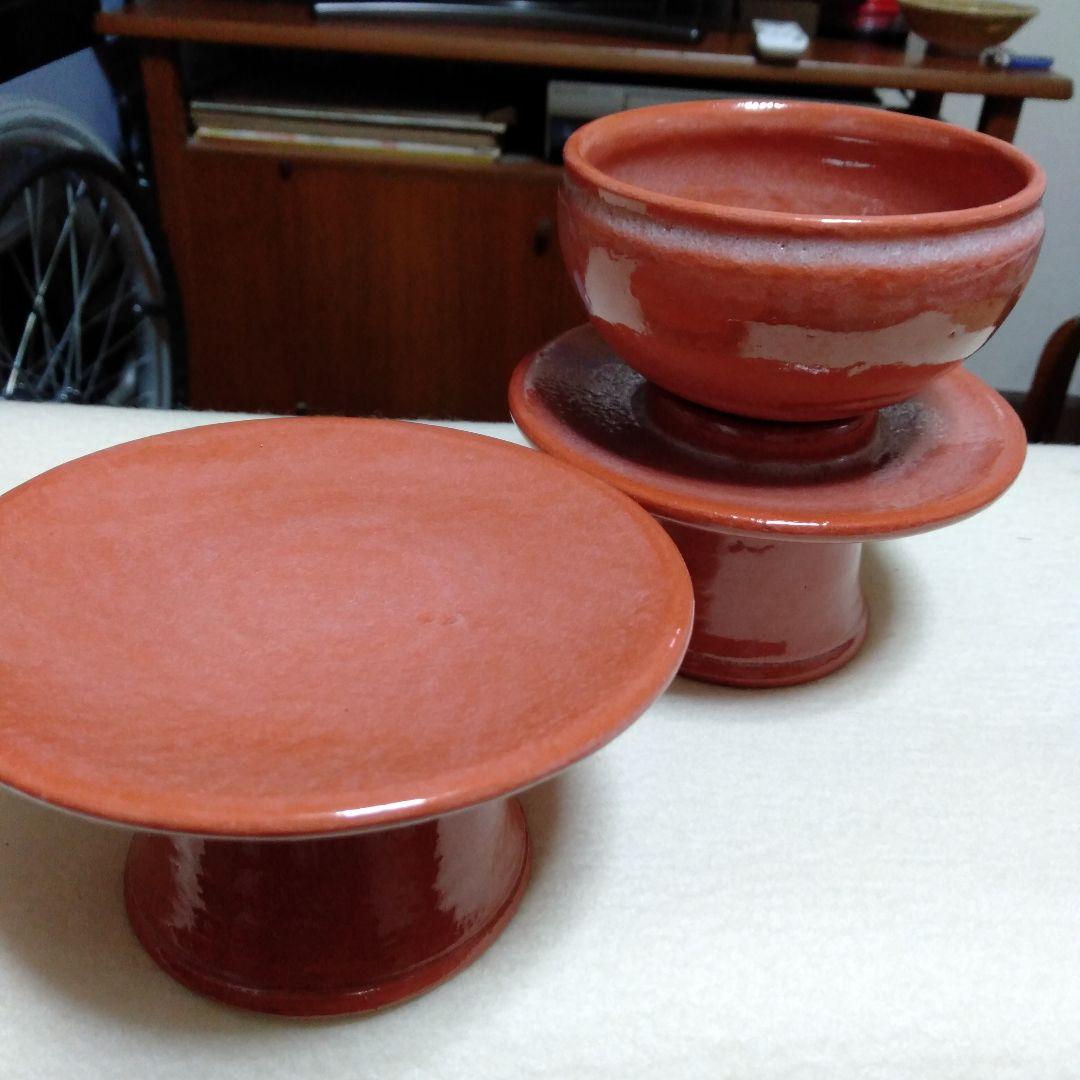 松楽　赤　供茶茶盌　三点