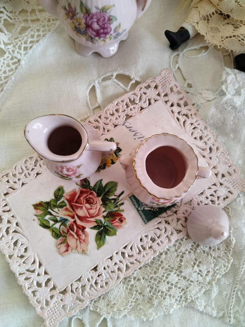 フランス アンティーク 薔薇柄ピンクのディネット ティーセット