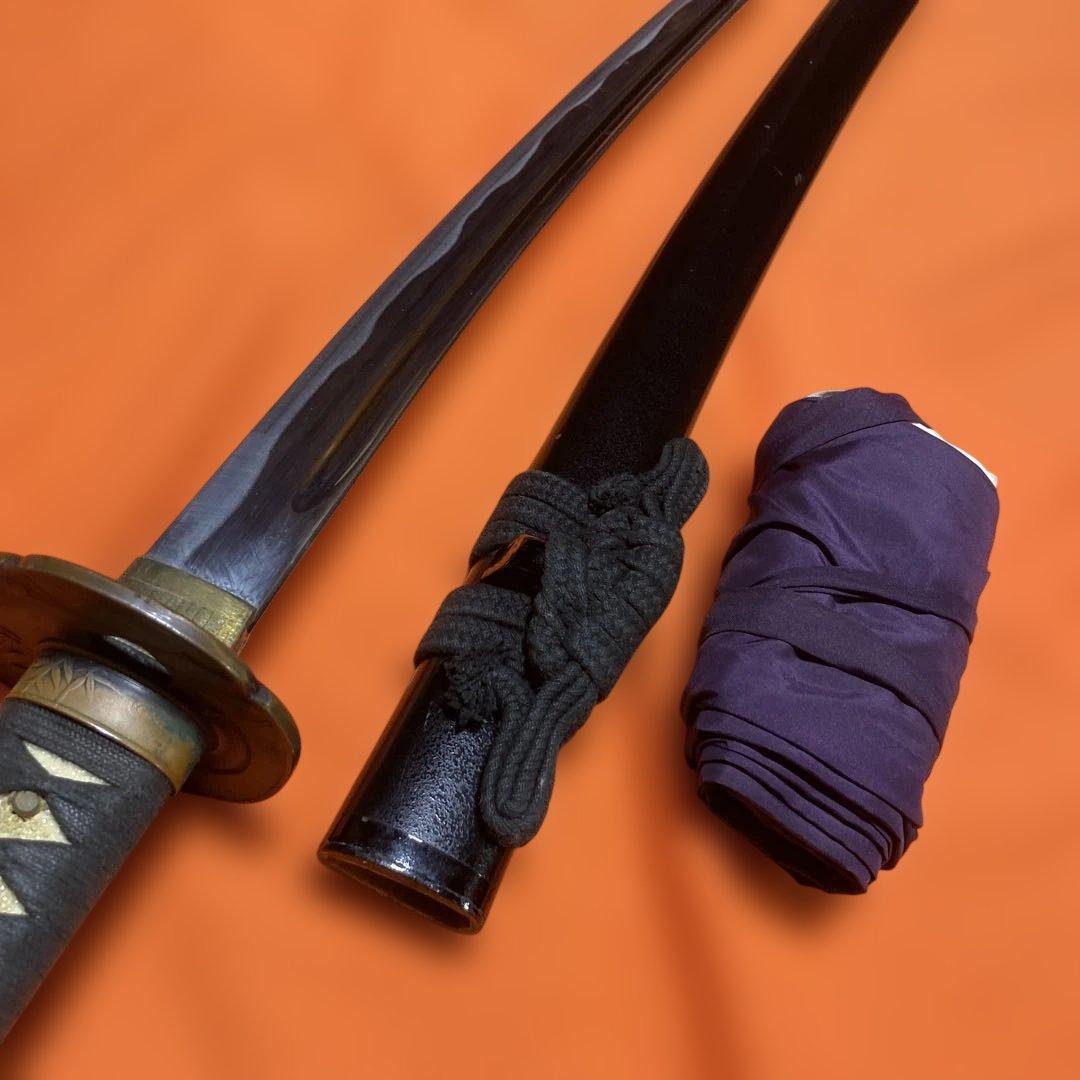 居合刀(刀袋付) 濃緑柄 竹笹木瓜鍔 黒梨地呂鞘