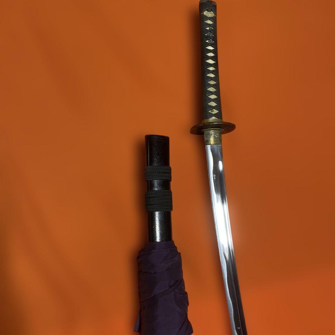 居合刀(刀袋付) 濃緑柄 竹笹木瓜鍔 黒梨地呂鞘