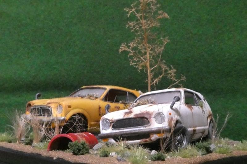 1/32 ホンダ Z GT・GSS 昭和レトロ風景 ジオラマ完成品 錆汚し加工