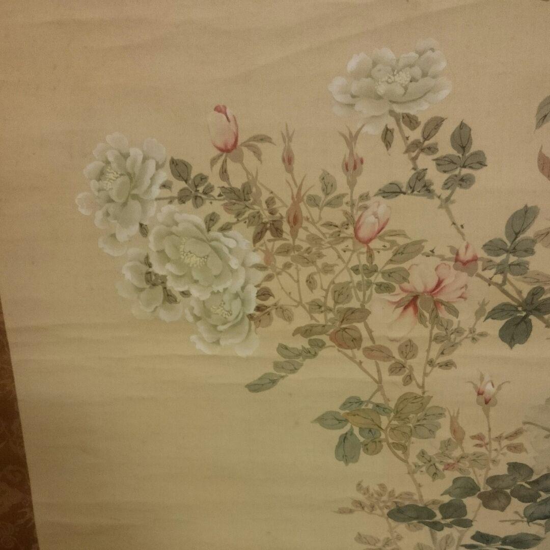 【真作】 名品 ２尺大幅 掛け軸「薔薇と雀の図」藤田苔石