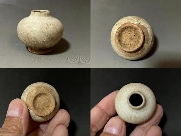 小壺■宋胡録 半磁器胎土 灰青磁釉 古い小壺 3.8cm 水滴 花瓶 古壷■