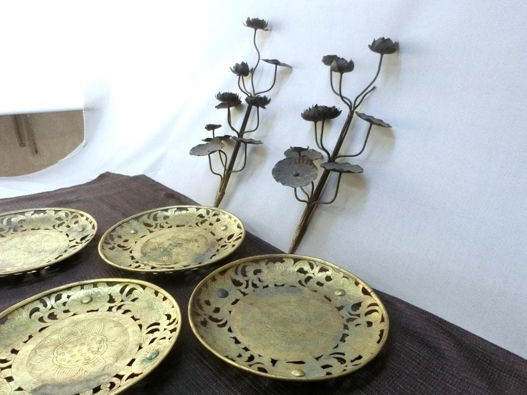 仏教美術！【仏具　華籠　けご　4点　蓮花１対・K20・骨董】仏　佛　恵比寿大黒