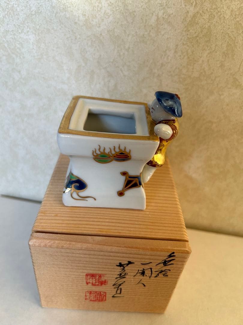 2点セット色絵一閑人共箱茶道具 色絵雪洞 蓋置 茶道具