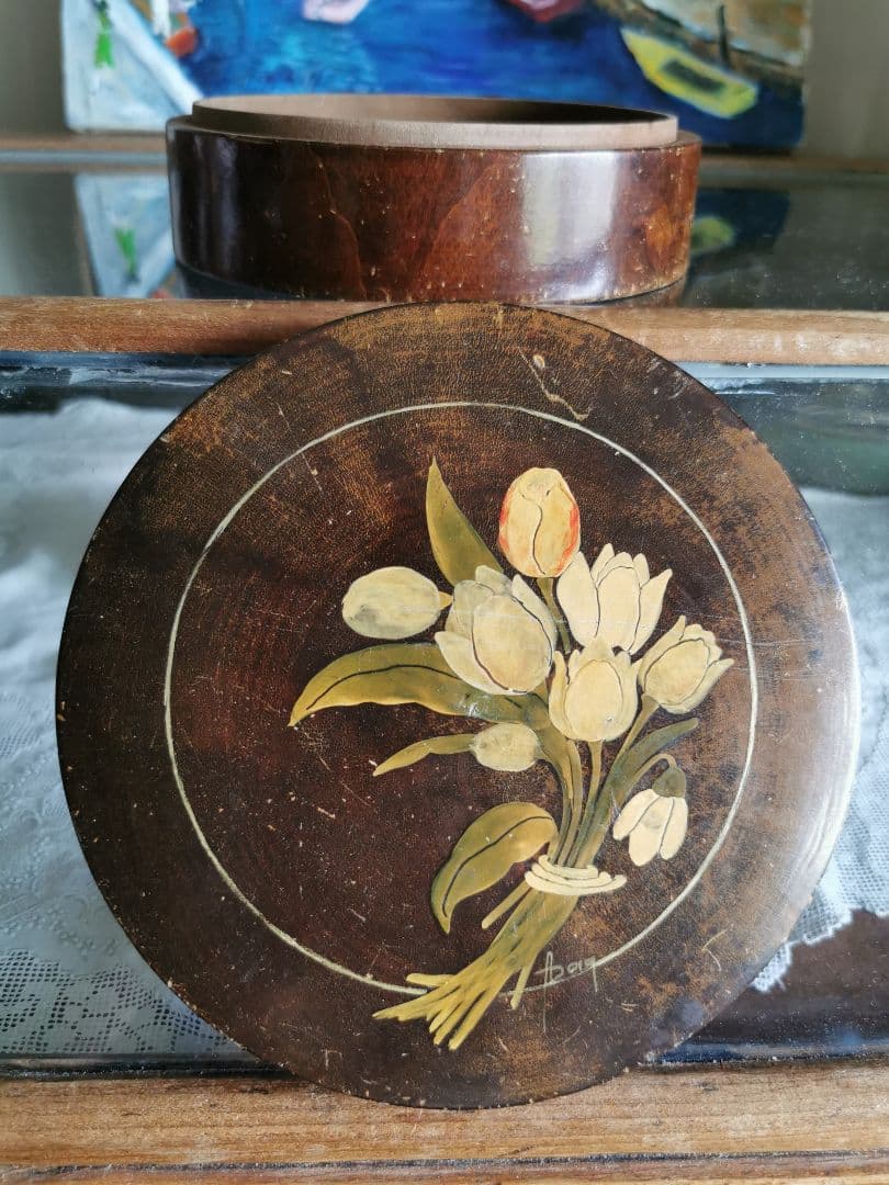 アンティークフランス 手描きチューリップの花束 蓋付きフルーツの木 飴色小物入れ