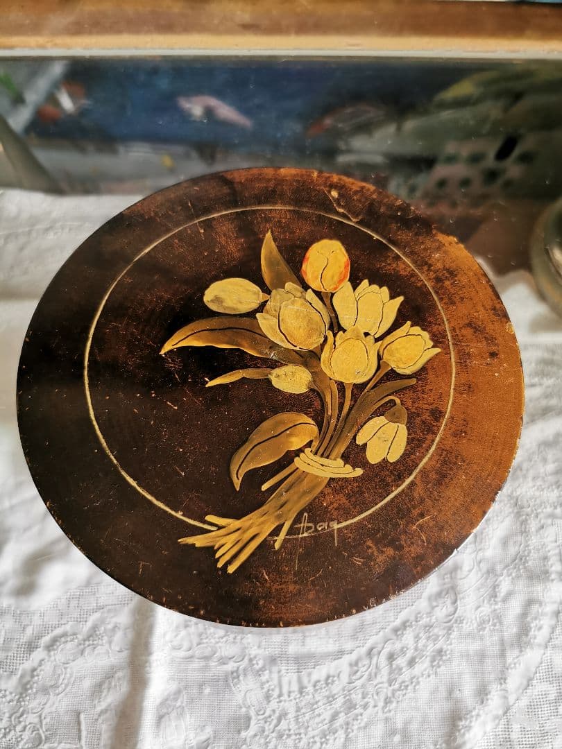 アンティークフランス 手描きチューリップの花束 蓋付きフルーツの木 飴色小物入れ