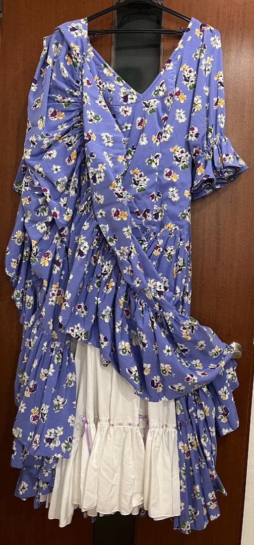 フラメンコ衣装 ワンピース ブルーパープル 花柄 裏ペチコート