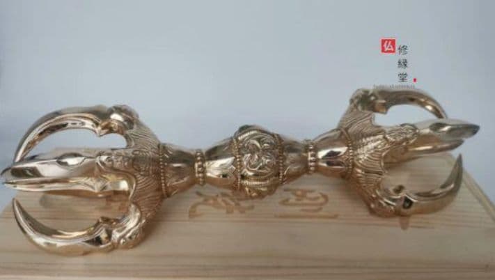 仏教法具 法器 真言宗 胎蔵界 鬼面五鈷杵 金剛杵 寺院用仏具 真鍮製 23cm